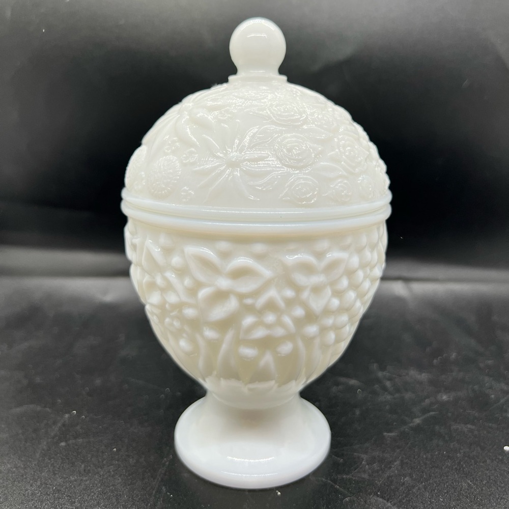 Vintage Milk glass Lidded floral candy dish